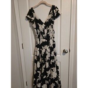 RACHEL ZOE Black & White Floral Flutter Sleeve Tiered Ruffle Maxi Dress Size M